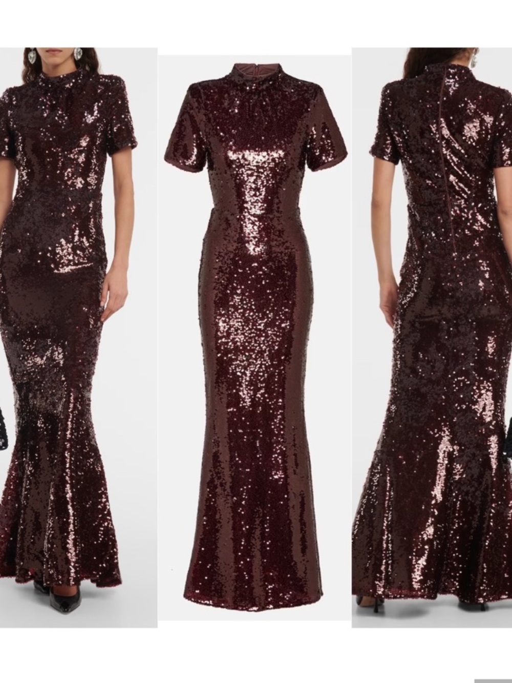 Self-Portrait Burgundy Sequin Gown with High Neck